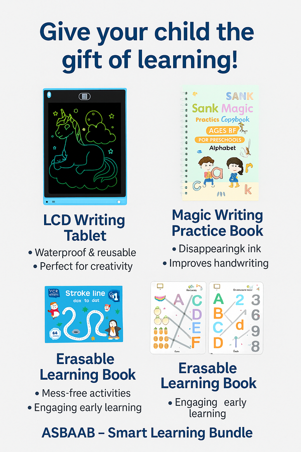 ASBAAB Smart Learning Bundle – LCD Writing Tablet + Magic Copybook + Erasable Learning Book (Free Shipping)