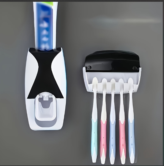 Set of Toothpaste Dispenser & Brush Holder - Plastic Automatic Toothpaste Dispenser With Tooth Brush Holder For Homes And Bathrooms